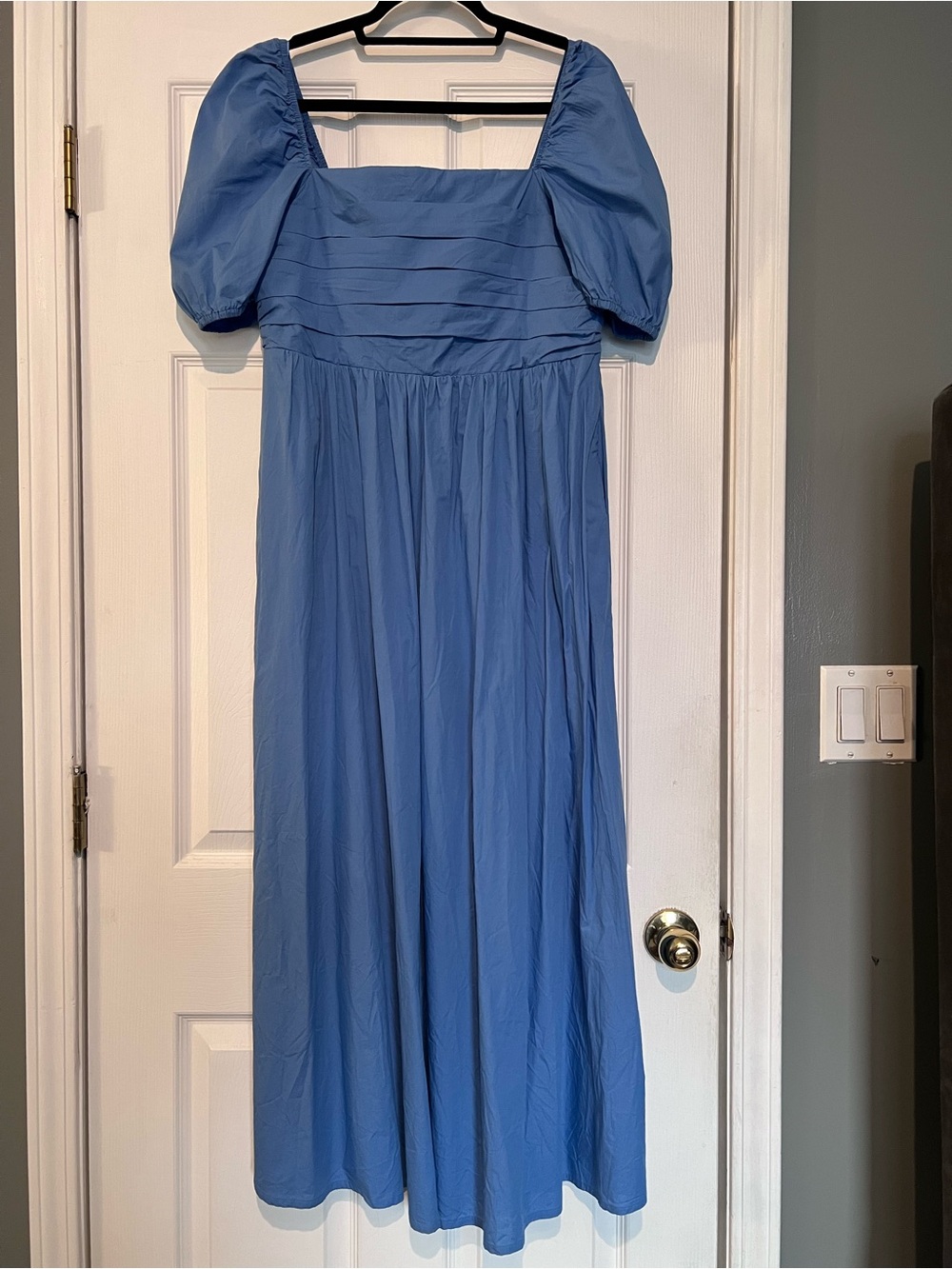 Boden Blue Ruched Bodice Dress with Puff-Sleeves